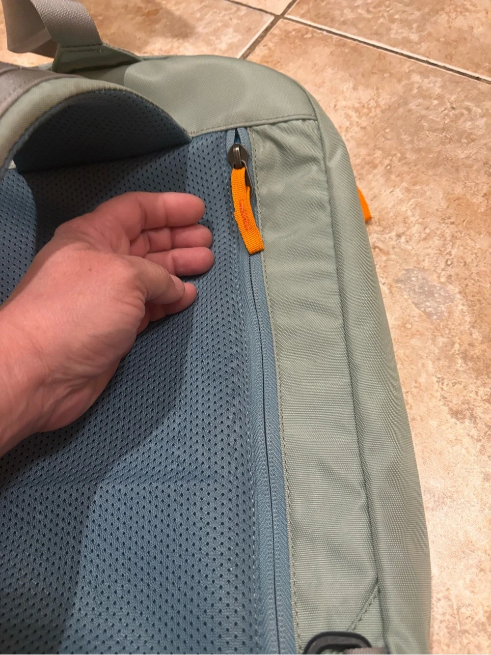 cotopaxi sage green backpack with blue trim